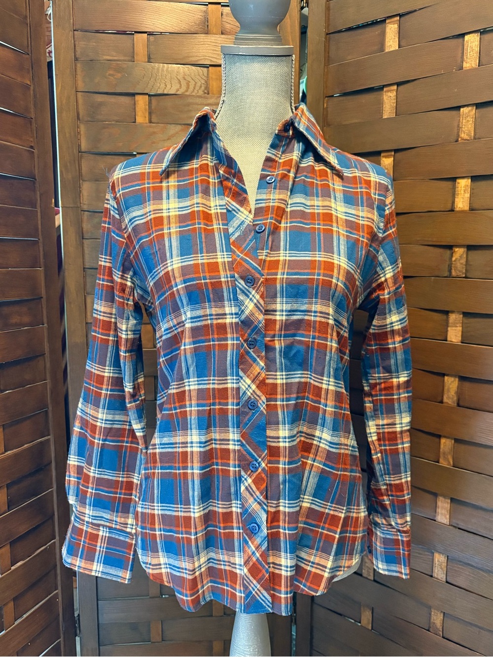 Vintage 70s organic cotton flannel button down blouse blue and red plaid